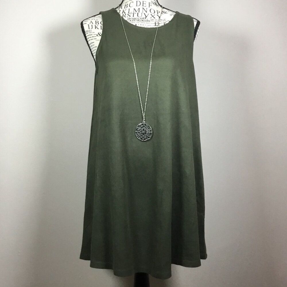 Mossy green faux suede dress sleeveless knee length fairygrunge goblincore S